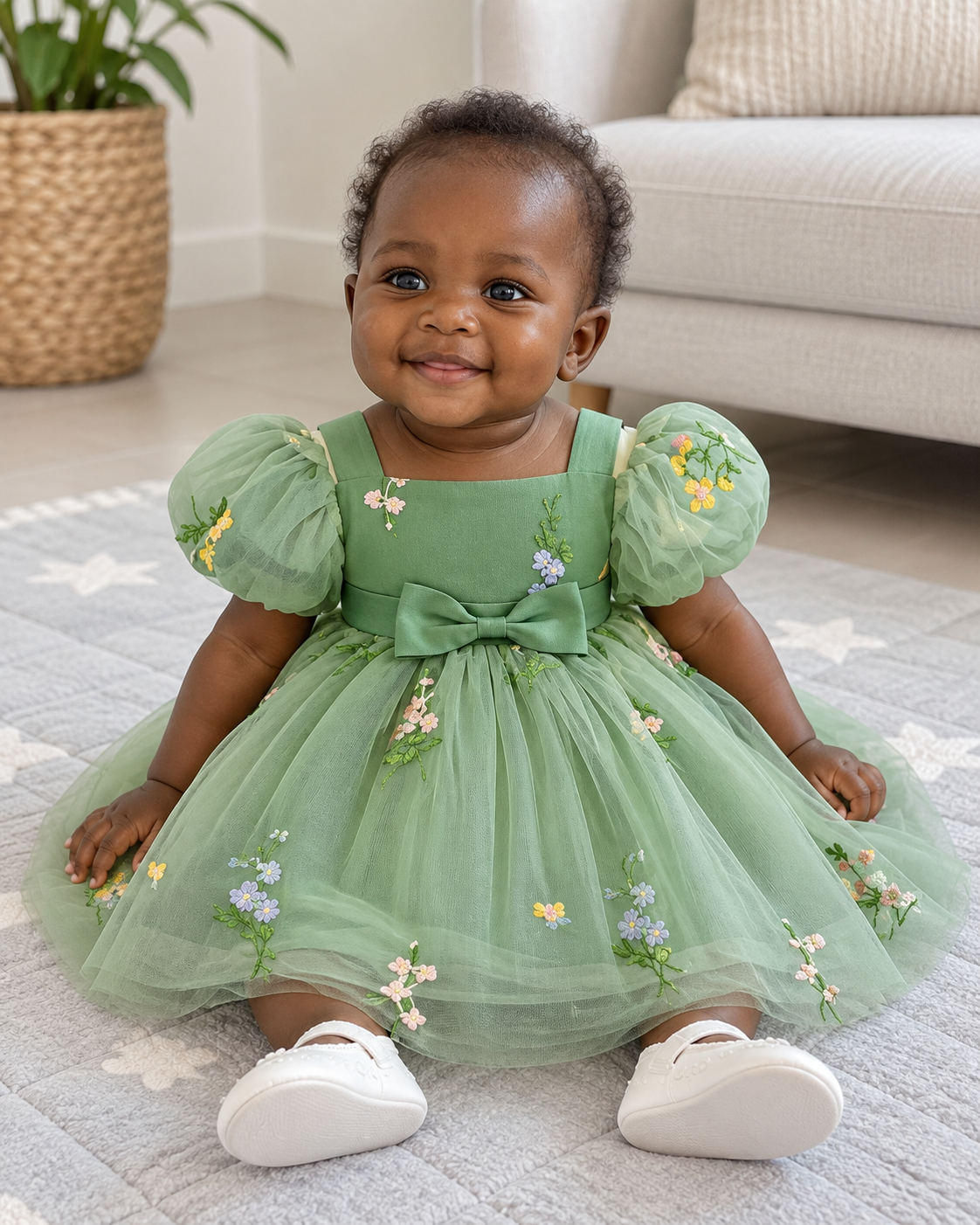 Vue complète de Robe Sauge Fleurs Brodées (6 mois à 3 ans)